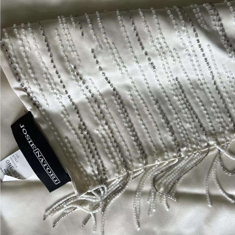 Josie Natori Silk Scarf Ivory with White Grey Beaded Edge